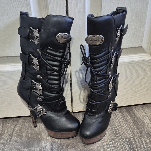 Muerto Gothic Finger Bone Heel Skull Buckle Mid Calf Boots Demonia 1026 Sz 7 - Picture 2 of 15